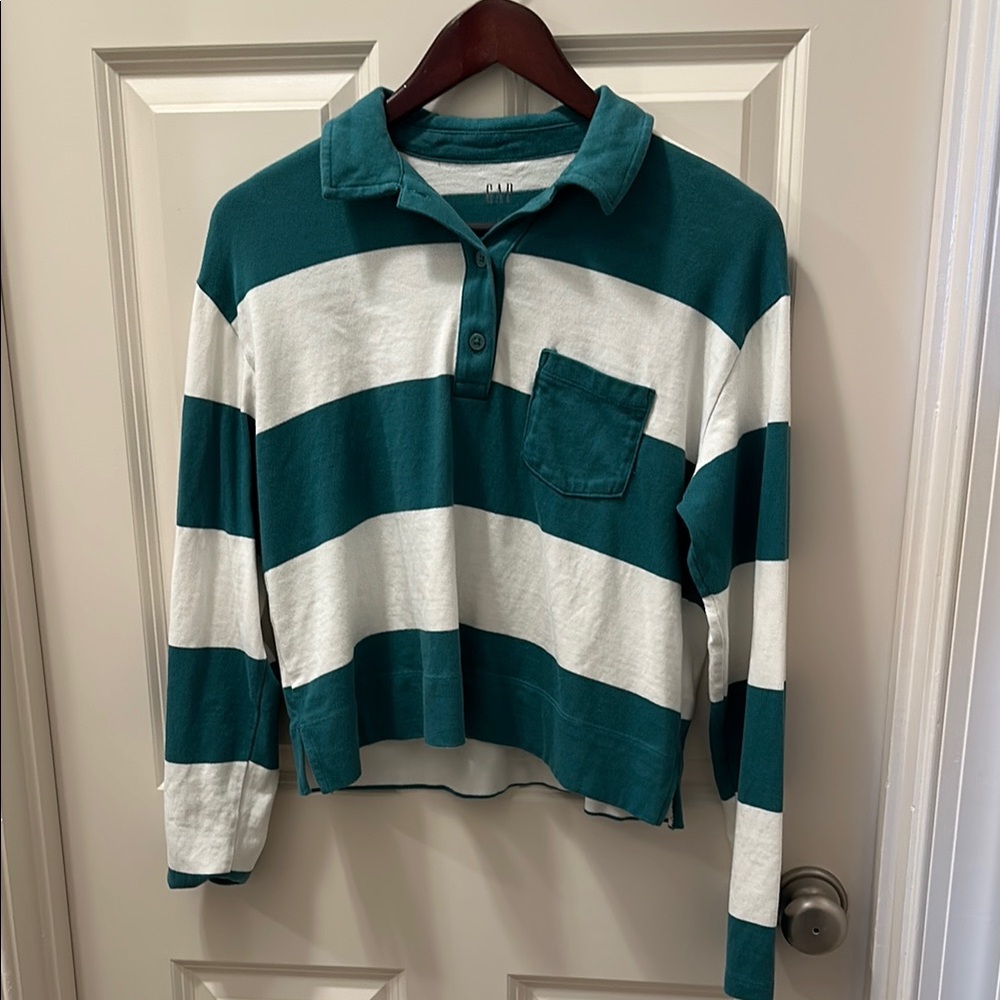Gap Cropped Striped Teal and White Long Sleeve Rugby Polo Shirt Size Small